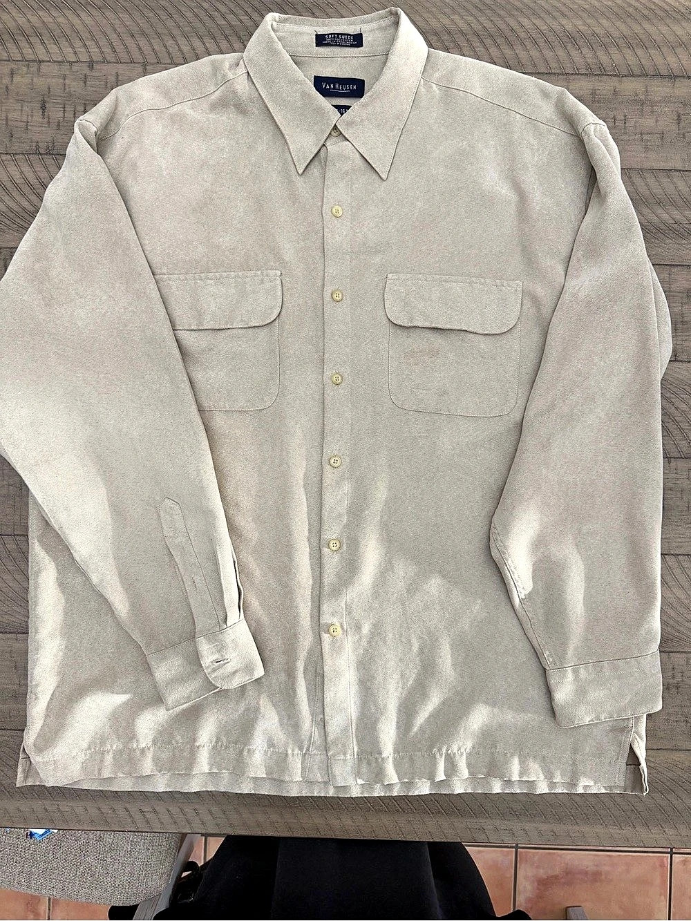 Van Heusen Soft Suede Long Sleeve Button-Down Shirt Beige Large